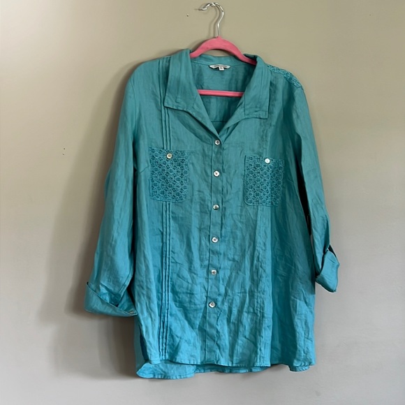 John Mark 100% Linen Aqua Top. - Picture 1 of 12